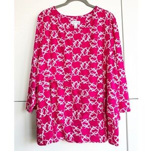 Susan Graver Liquid Knit Pink White Blouse Tiered Chainlink Pattern 3/4 Sleeves